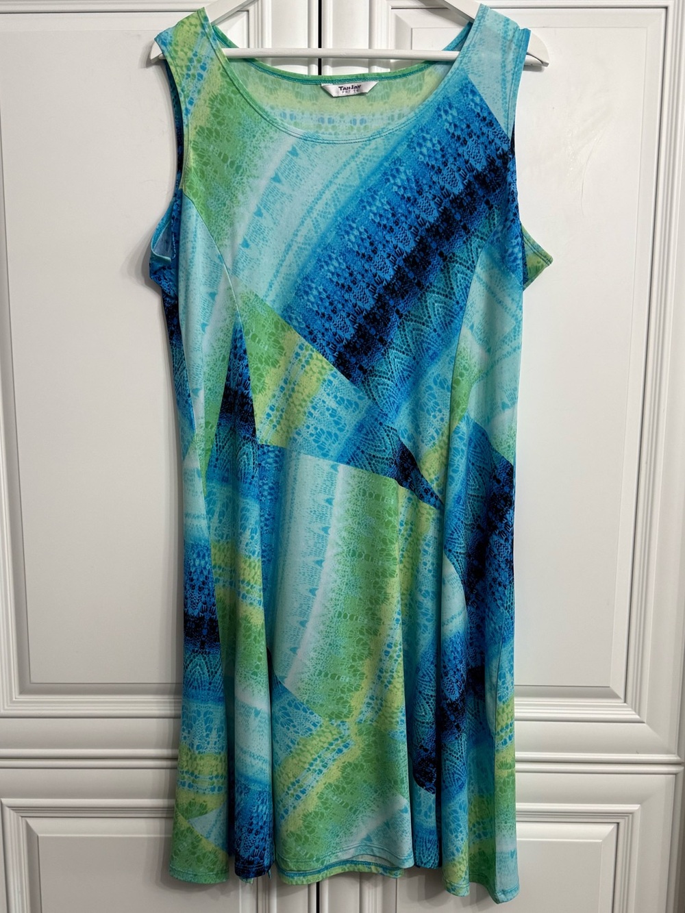 TanJay XL Petite Sleeveless Blue and Green Geometric Patterned Swing Tank Dress
